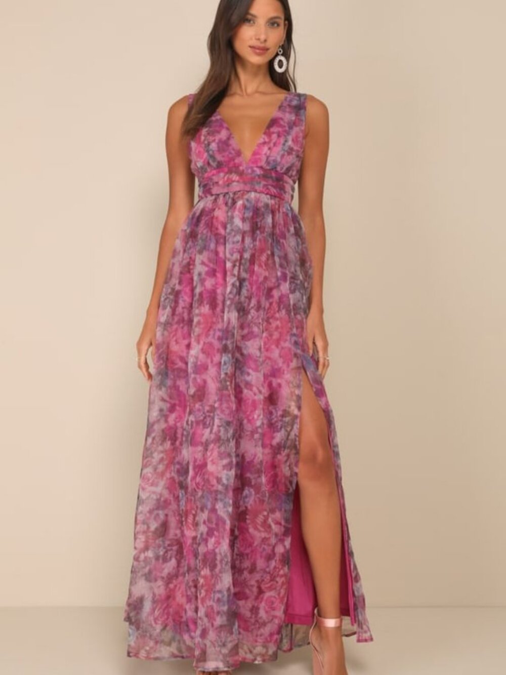 Lulus Garden Romance Magenta Floral Print Organza Maxi Dress Pink - Size L